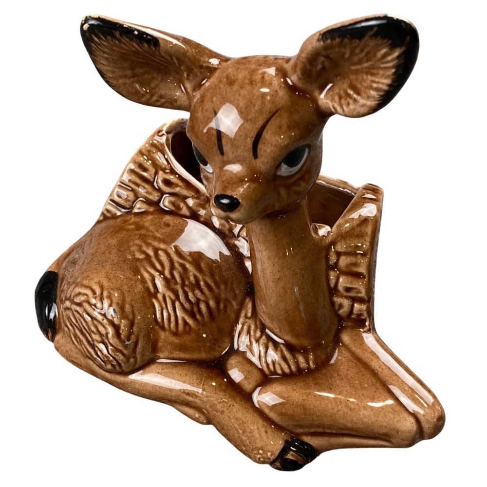Vintage Bambi Style Fawn Deer Log Planter Ceramic MCM Kitsch Woodland 1950s